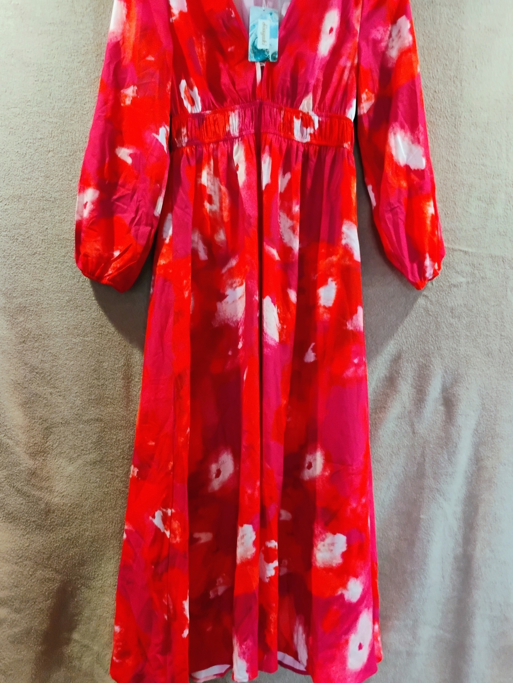 2/$15 Maxi V-Neck Long Sleeve Dress in Red Pink Print